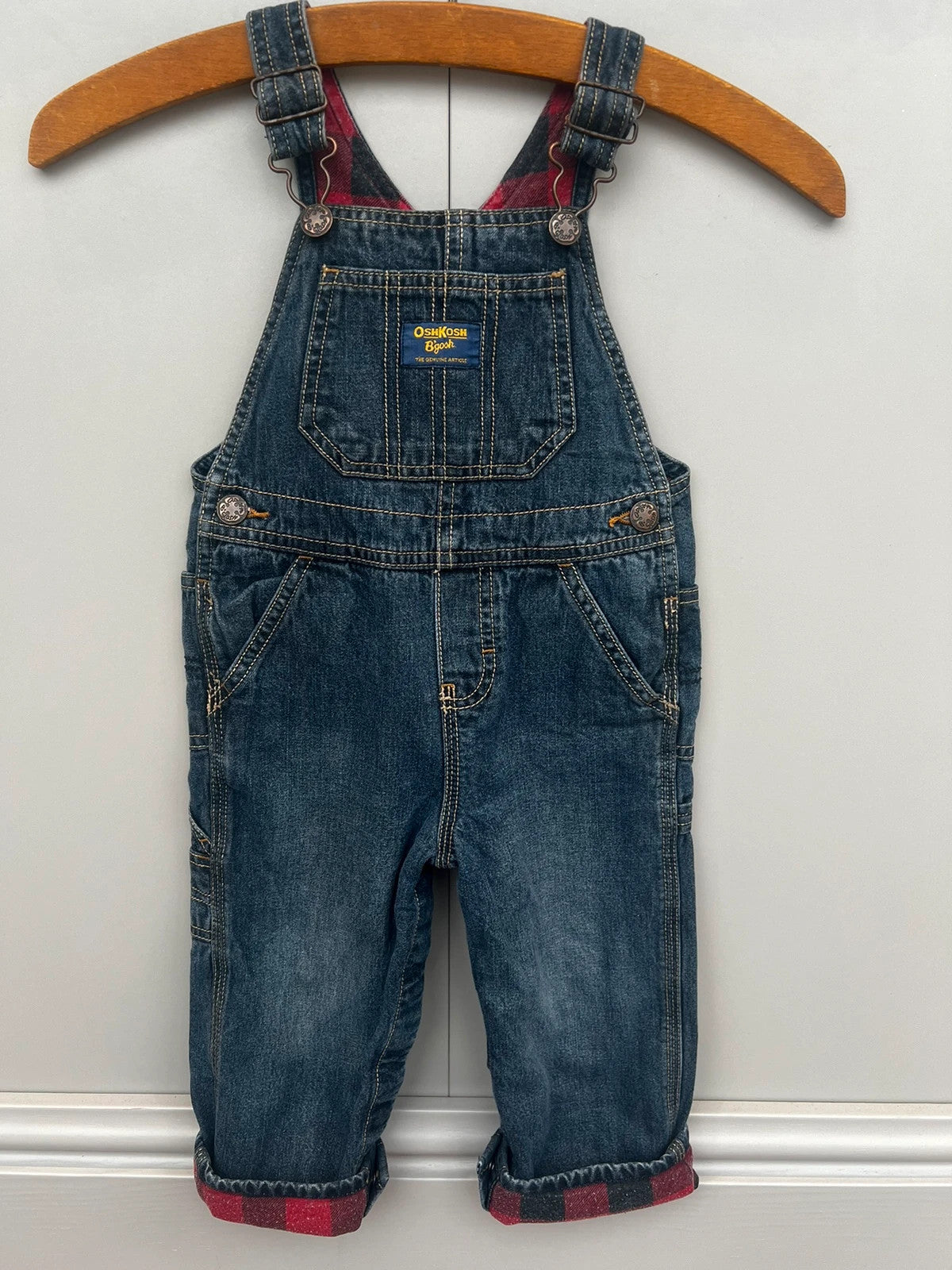 Oshkosh Red Gingham Turn Up Denim Dungarees 24M